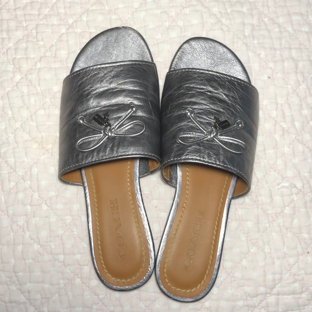 COACH Tassel Slide Sandals Silver Black Metallic
